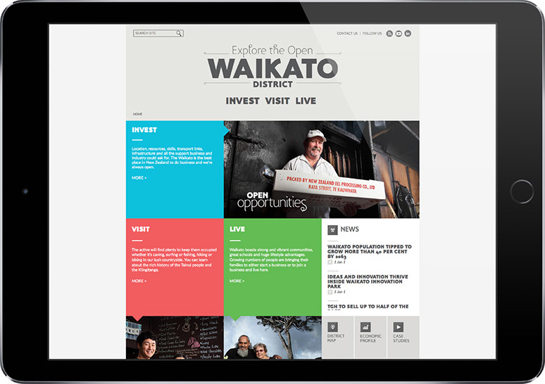 Webpage for Open Waikato displayed on tablet.