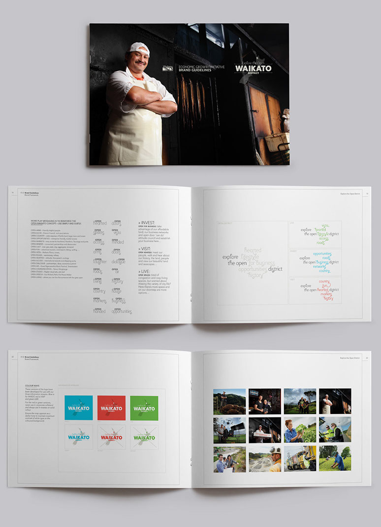 Sample spreads of the Open Waikato brand guidelines.