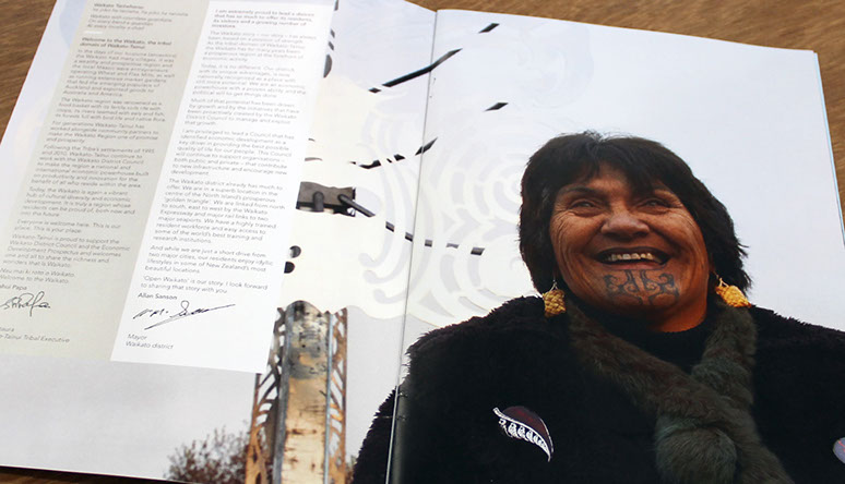 First spread of the Open Waikato booklet folder featuring Rahui Papa, Chair Te Arataura, Waikato-Tainui Tribal Executive.